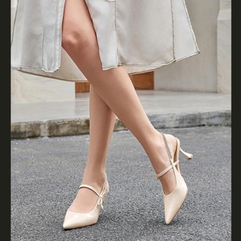 Women 8.5 Nude Slingback Crystal Ankle Strap Pointed Toe 3" Heel Pump Shoes